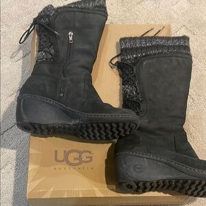 UGG Black Winter Rain Boots with Lace-Up Design